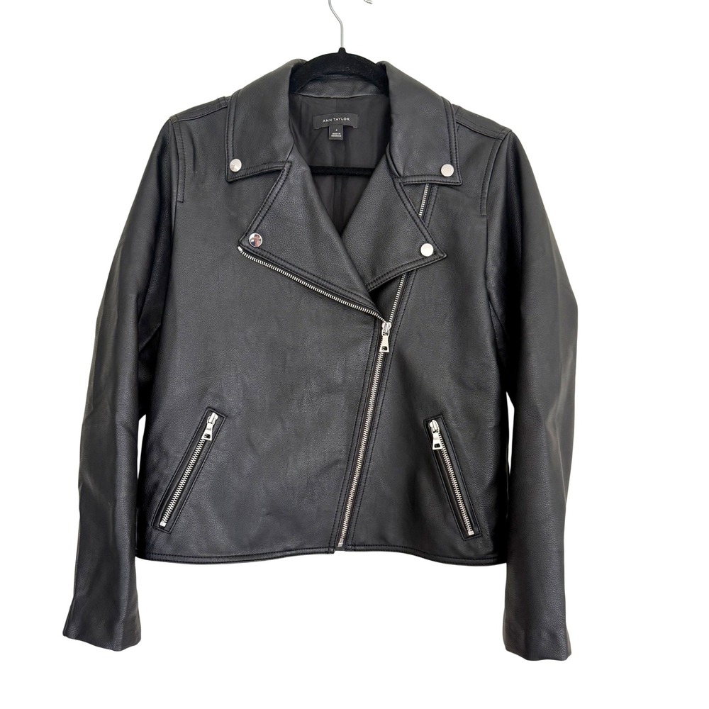 Ann Taylor Faux Leather Moto Jacket Size 4 Black Pebbled Leather